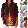 Women's Fashionable Button Collar Long-sleeved Christmas Print Pullover Top