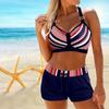 Women's Shoulder Strap Swimsuit with Multi-color Striped Printed Bikini Short Tank Top Swimsuit