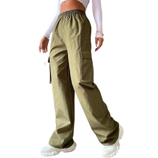 Women Cargo Pants Elastic Waist Wide Leg Solid Color Trousers Casual Joggers Sweatpants with Side Flap