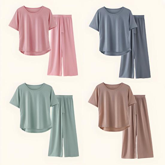 Women's Summer Pajama Set Round Neck Short Sleeve Top And Pants Sleepwear Set Casual Loose Two Piece Lounge Set