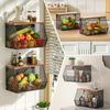 Stackable Fruit Basket for Kitchen Countertop Space Saving, Wall Mounted Mesh Metal Wire Baskets with Wood Lid Extra Storage