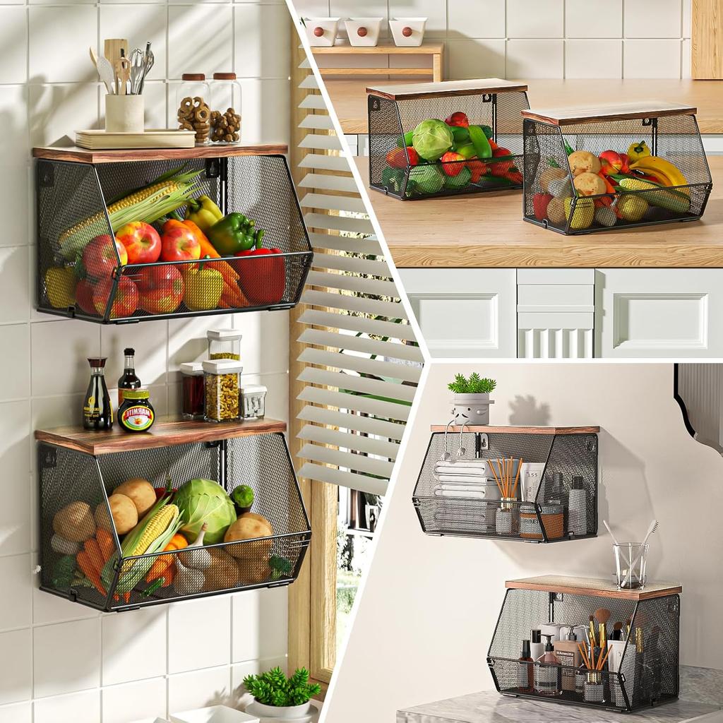 Stackable Fruit Basket for Kitchen Countertop Space Saving, Wall Mounted Mesh Metal Wire Baskets with Wood Lid Extra Storage