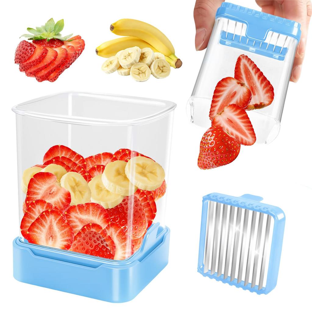 Fruit Slicer Cup for Strawberry, Banana, Hard-Boiled Egg - Detachable Cutter with Push Plate - 304 Stainless Steel Blade - Rapid & Safe Slicing