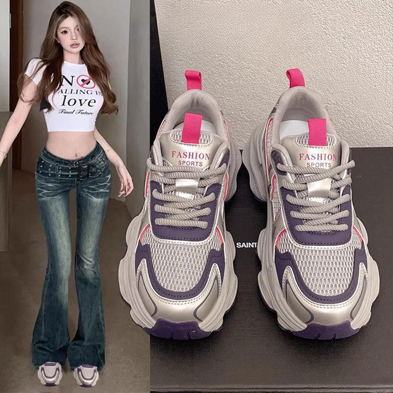 Dad Shoes Children Spring and Summer New Mesh Breathable Thick Sole Heightening Leather Casual Sports Shoes Women