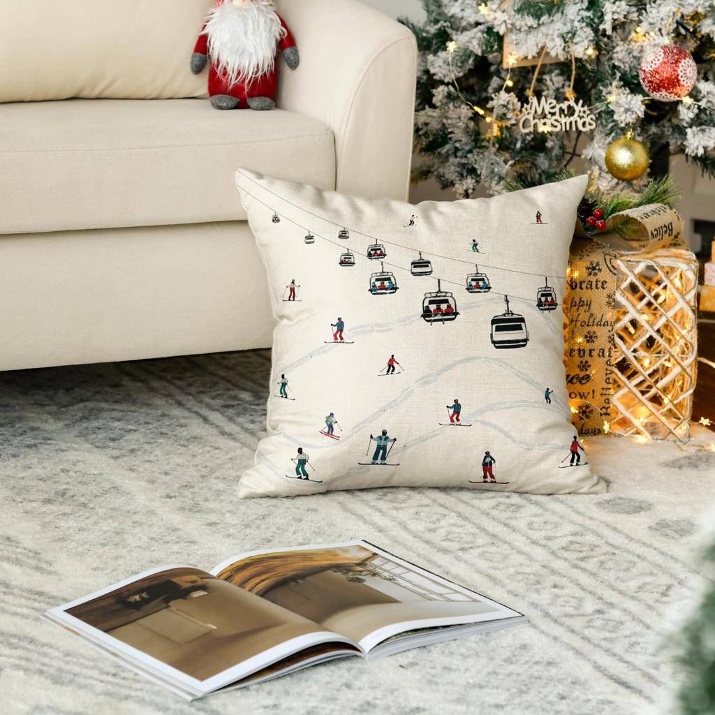 AVOIN colorlife Winter Skiers Cable Cars Snow Throw Pillow Cover, 18 x 18 Inch Seasonal Holiday Cushion Case Decoration for Sofa Couch