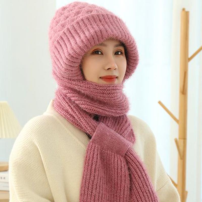 Women Plush Solid Color Knitted Woolen Hat Fleece Lined Beanie Caps Hat Scarf Set Thickened Winter