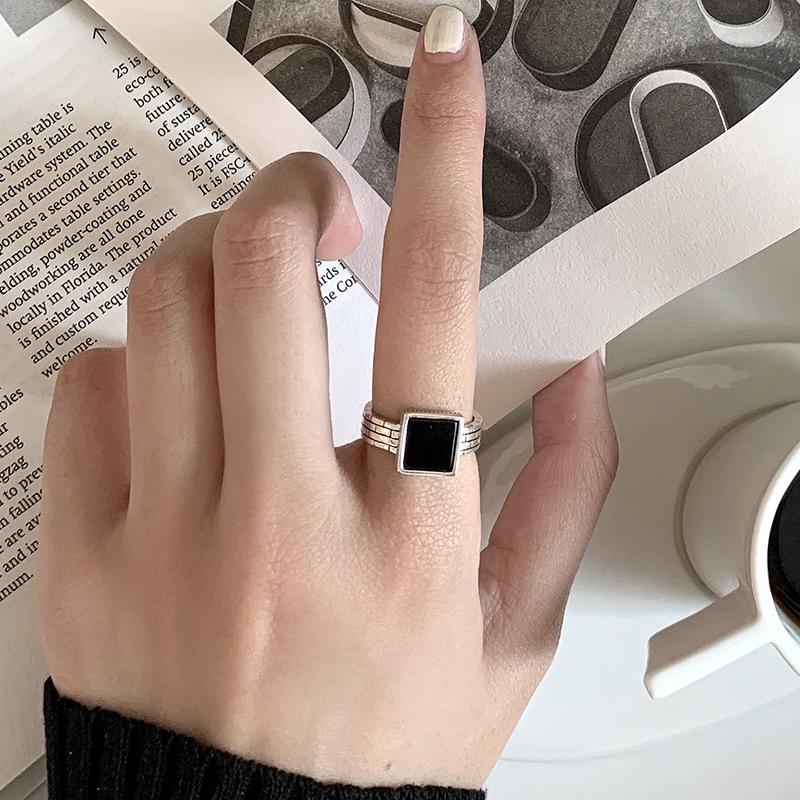 PANJBJ Кольца из стерлингового серебра 925 пробы Геометрические Черные Капельные Глазурованные Для Женщин Мужчин Простые Корейские Открытые Регулируемые Ручной Работы Украшения Dropshipping