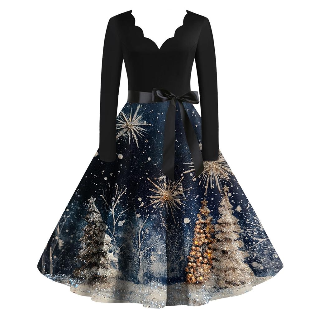 Women's Christmas Printed V-neck Large Hem Dress Long Sleeve Dress