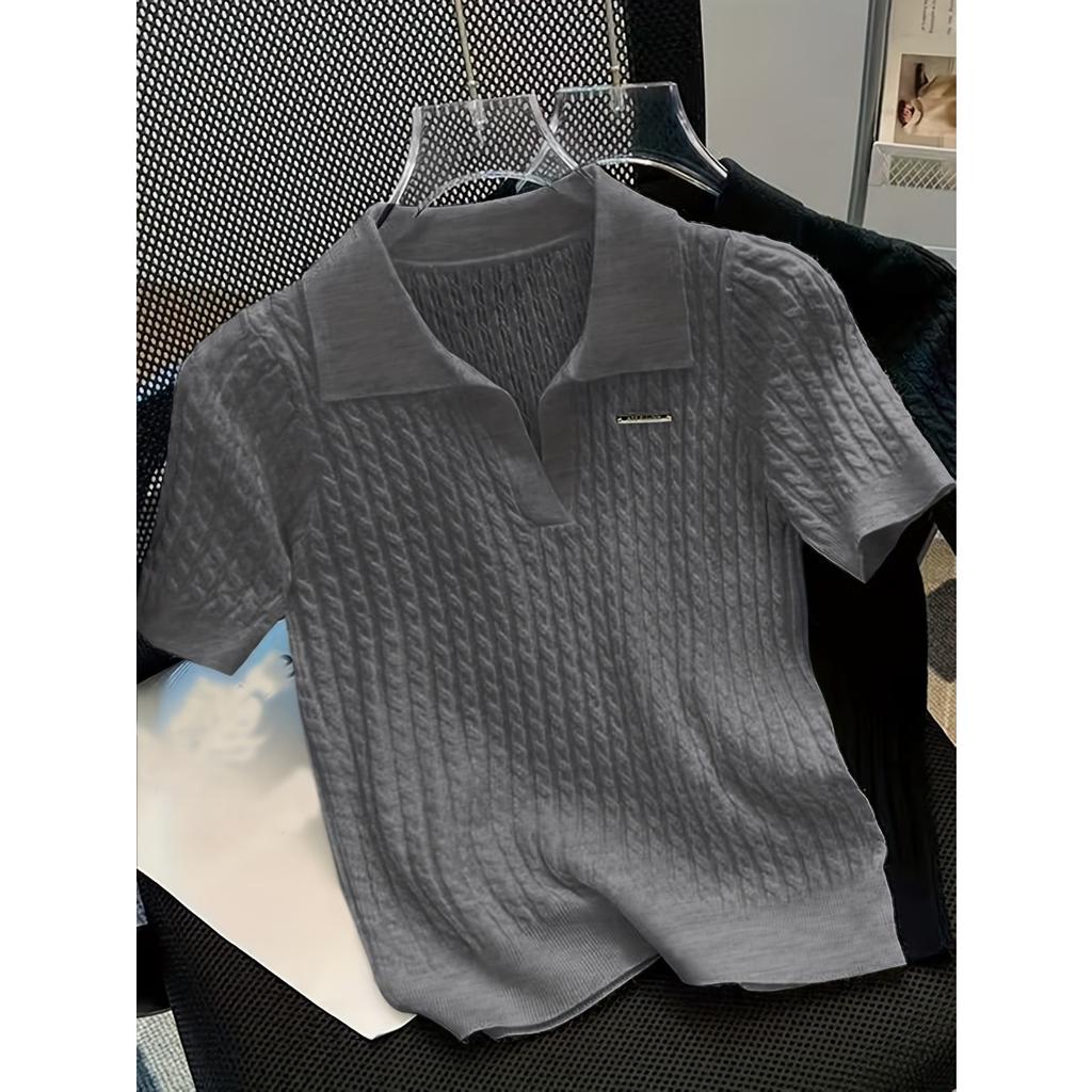 Temperament Lapel Ice Silk Knit Top Летняя свободная тонкая футболка с короткими рукавами