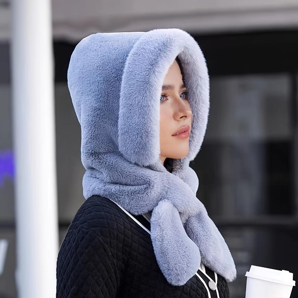 Women's Winter Faux Fur Hat Thick Warm Plush Ear-Protector Riding Cap Solid Color with Scarf Buckle