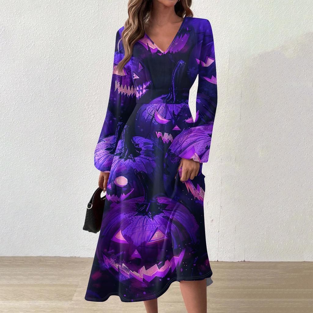 Женское осенне-зимнее повседневное модное длинное платье с v-образным вырезом и длинным рукавом с принтом