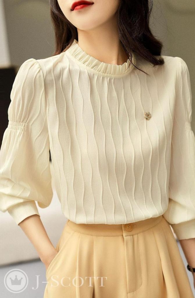 Блузка J-Scott с принтом волны и мини-брошью, текстурированная ткань, воротник с рюшами, длинные рукава, белый (JS68-WH-2XL)