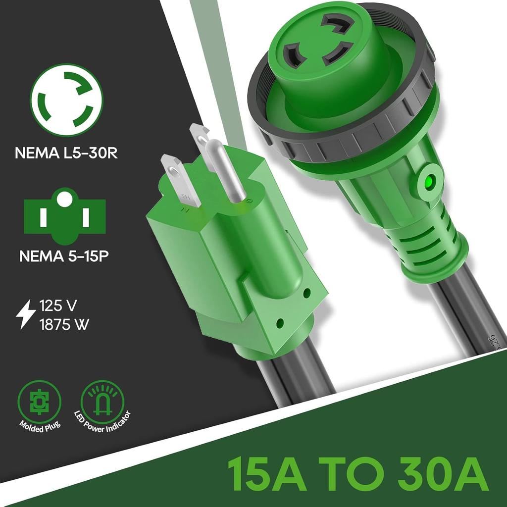 RVGUARD 30-амперный адаптер-шнур для RV на 110 Вольт с запирающим разъемом, 12 дюймов, электрический адаптер питания NEMA 5-15P на NEMA L5-30R со светодиодным индикатором питания