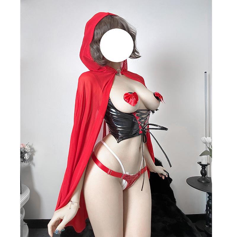 Anime Little Red Riding Hood Sexy Lingerie Cosplay Costume Women Open Bra Crotchless Bodysuit Erotic Nightdress