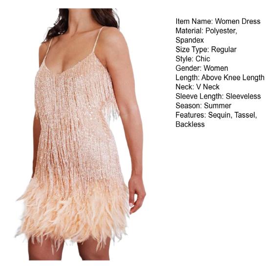Women Dress Tassel Sequin V Neck Sleeveless Backless Feather Decor Loose Rumba Cha-cha Dance Costume Mini Club Party Dress