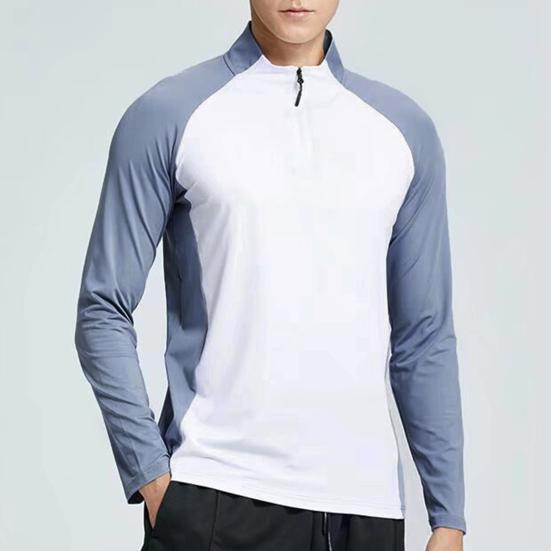 Men Summer Sports T-shirt Half Zipper Stand Collar Contrast Color Long Sleeves Loose Casual Soft Breathable Mid Length Men Daily Running Fitness Shirt