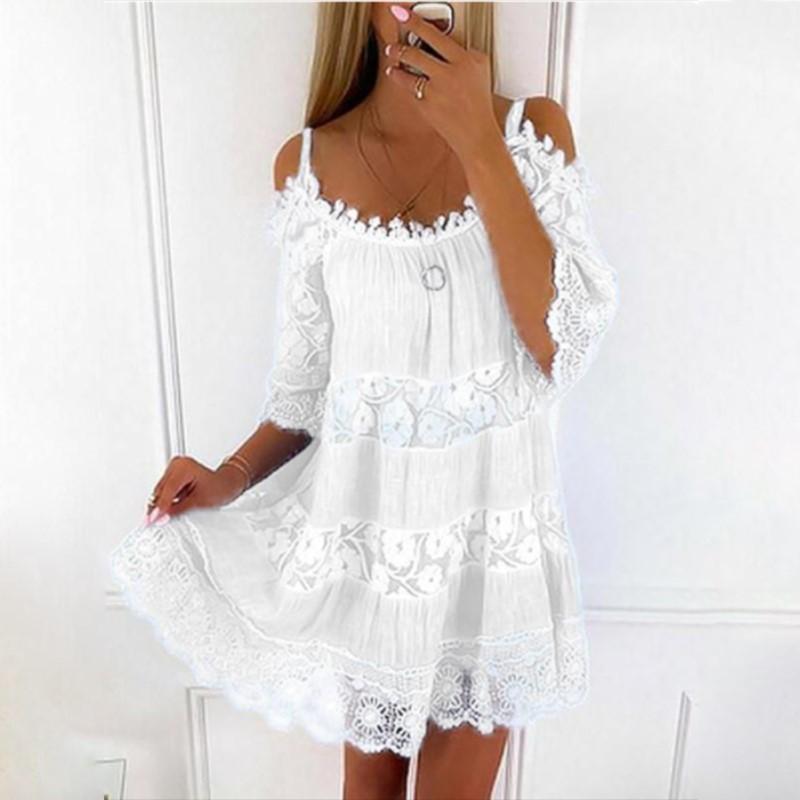 Embroidery Crochet Lace Cold Shoulder Mini Dress Women Scoop Neck Half Sleeves Mid-Rise Loose Fit Summer Dress Lady Beach Dress