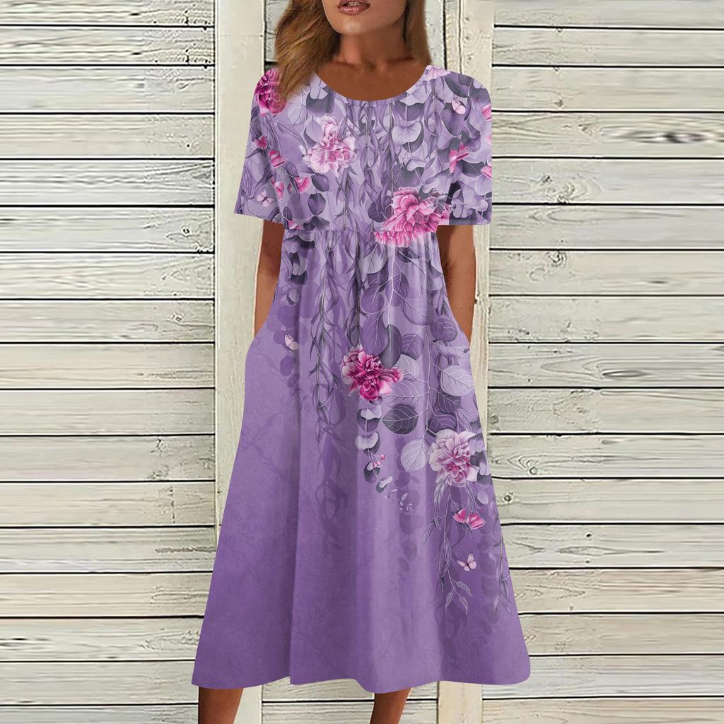 Women's Casual Dresses Printed Dresses Summer Dresses Printed Pleated Round Neck Midi Dresses Basic Classic Outdoor Daily Short Sleeve Loose Dresses