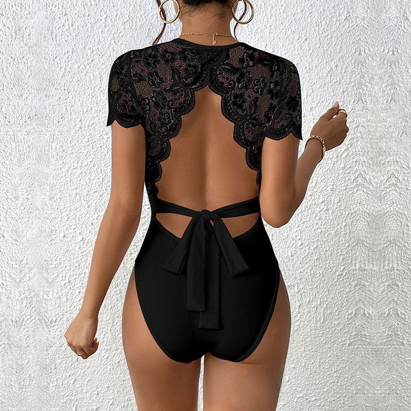 Летний женский комбинезон, кружевной плотный однотонный сексуальный комбинезон с короткими рукавами