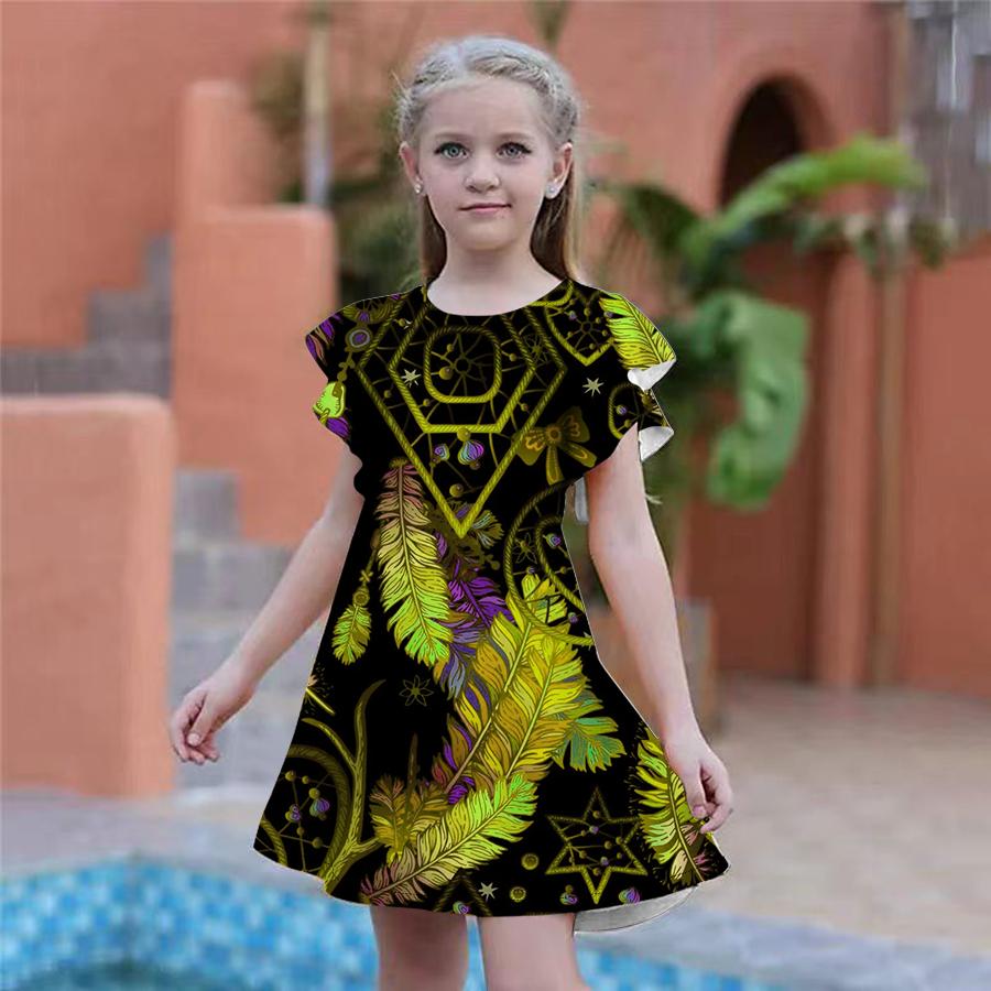 Girls Blue Shiny Feather Print Dresses Kids Girl Party Dress Loose Fitting Loose Fitting Short Sleeved Skirt For Girls Over Four Years Old