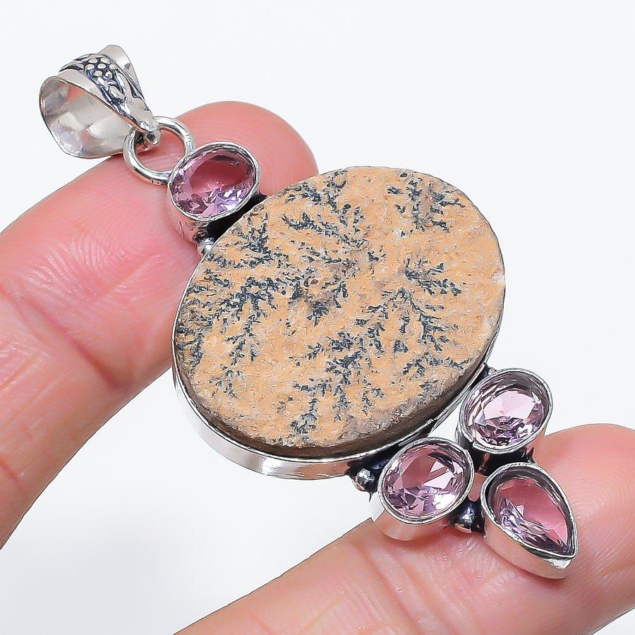 Натуральный Дендритный Псиломелан, Кунцит Серебро 925 пробы Подвеска 2,48" m5w71