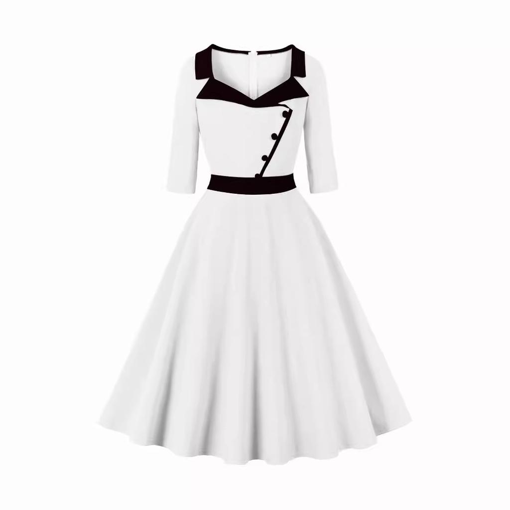 Весенний стиль, костюмный воротник, пэчворк, рукава три четверти, приталенный силуэт для подчеркивания фигуры, платье с широкой юбкой