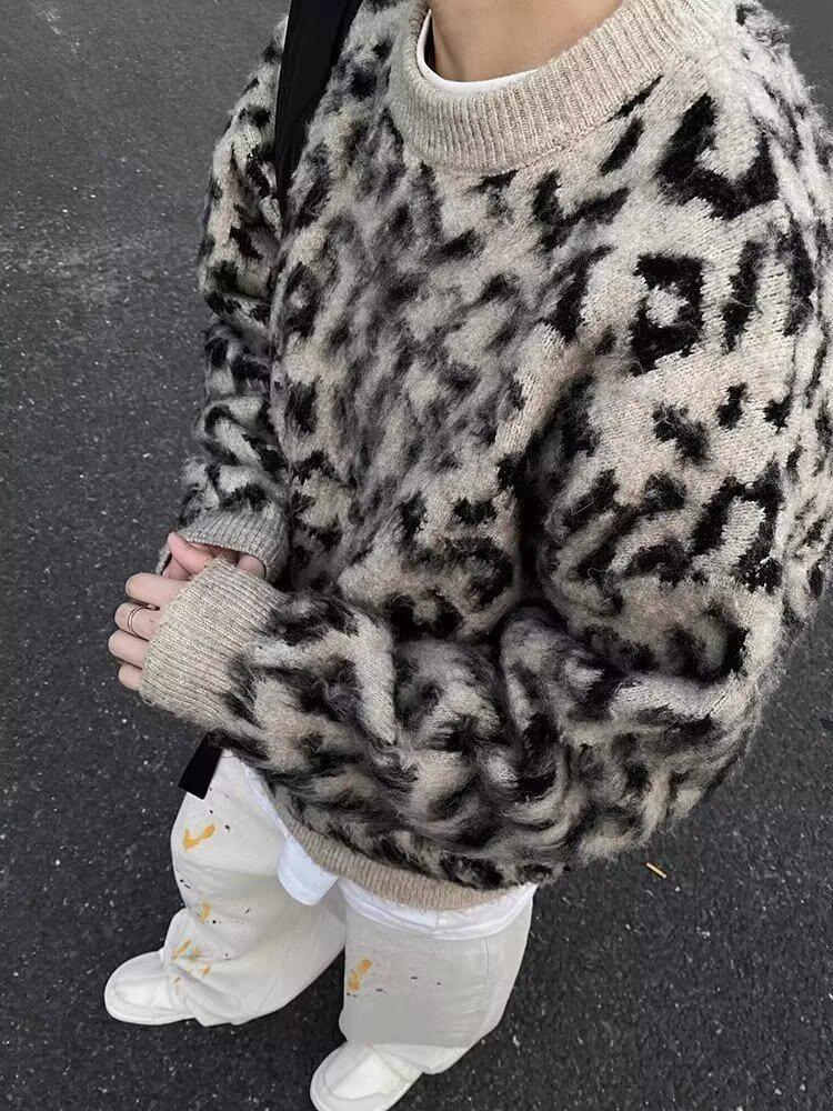 Мужской ретро-свитер с леопардовым принтом - Высококачественный вязаный свитер в стиле колор-блок
