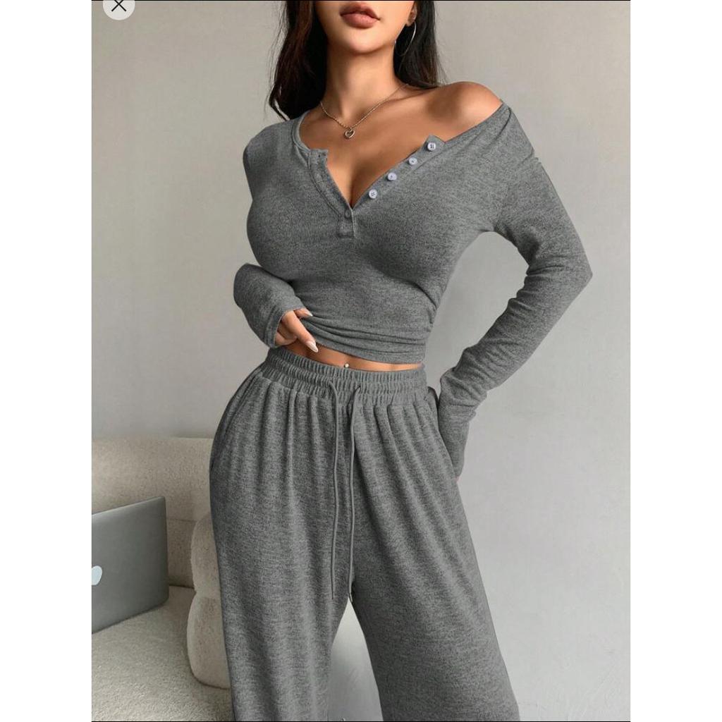 Women Two Piece Sets Sexy V-neck Long Sleeve Shirts Loose High Waist Wide Leg Pant Sets Lady Running Tracksuits