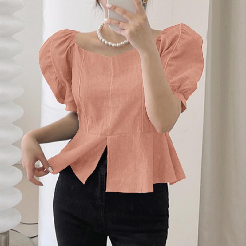 ZANZEA Женская повседневная блузка с круглым вырезом, рукавами-буфами, однотонная, свободного кроя