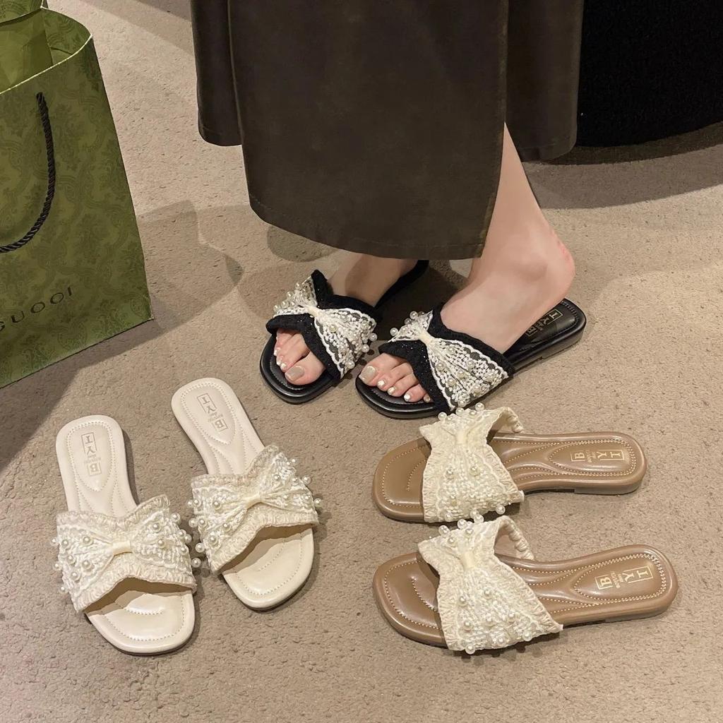 Французский сказочный стиль однослойная женская верхняя одежда 2025 лето новинка мягкая подошва повседневный универсальный модный жемчужный крутой шлепанцы прилив
