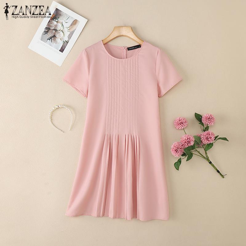 ZANZEA Women Summer Casual Round Neck Short Sleeve Dress