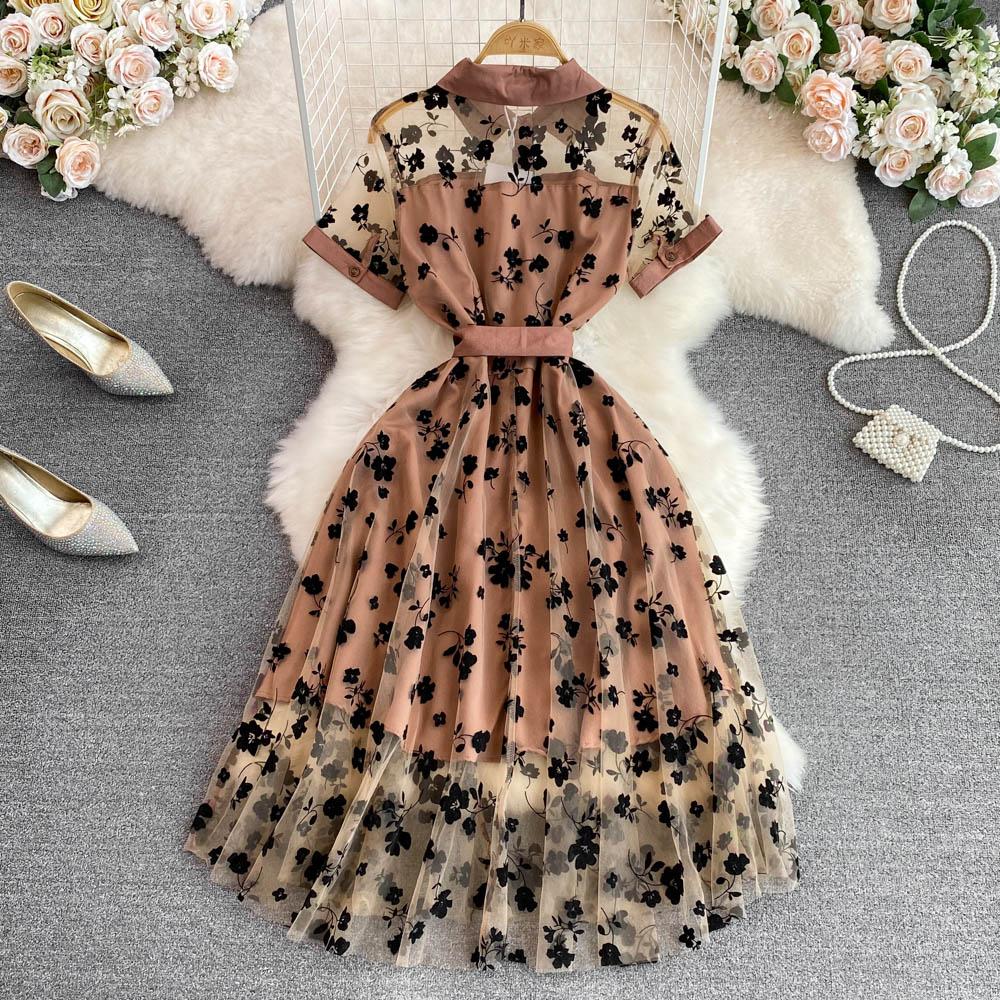 RUGOD Summer Retro Embroidered Waist Slim A-line Dress Elegant Large Swing Long Dress