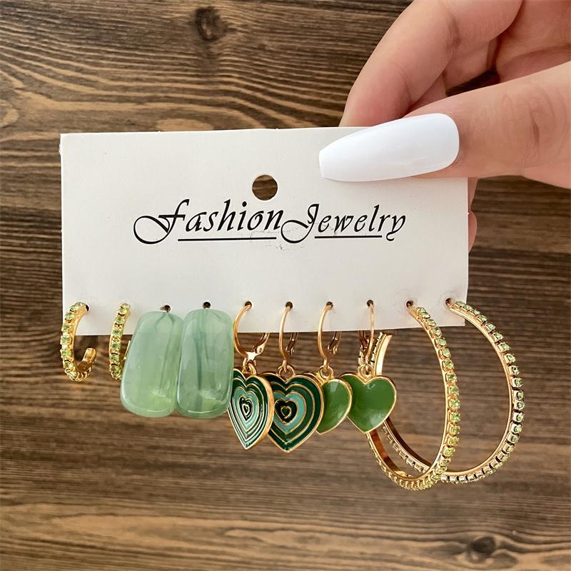 Colorful Earring Set Pink Green Heart Hoop Earrings For Women Dropping Oil Yinyang Earring Set Metal Party Jewelry