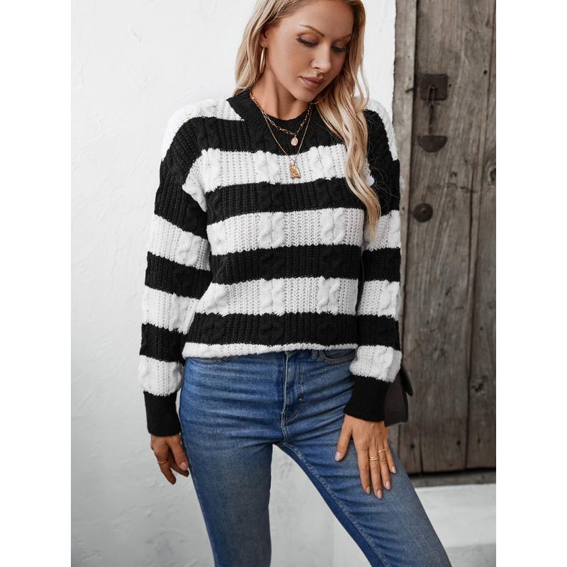 Женский трикотаж Осень и Зима Свободный пуловер в полоску с цветовыми блоками и узором «косы»