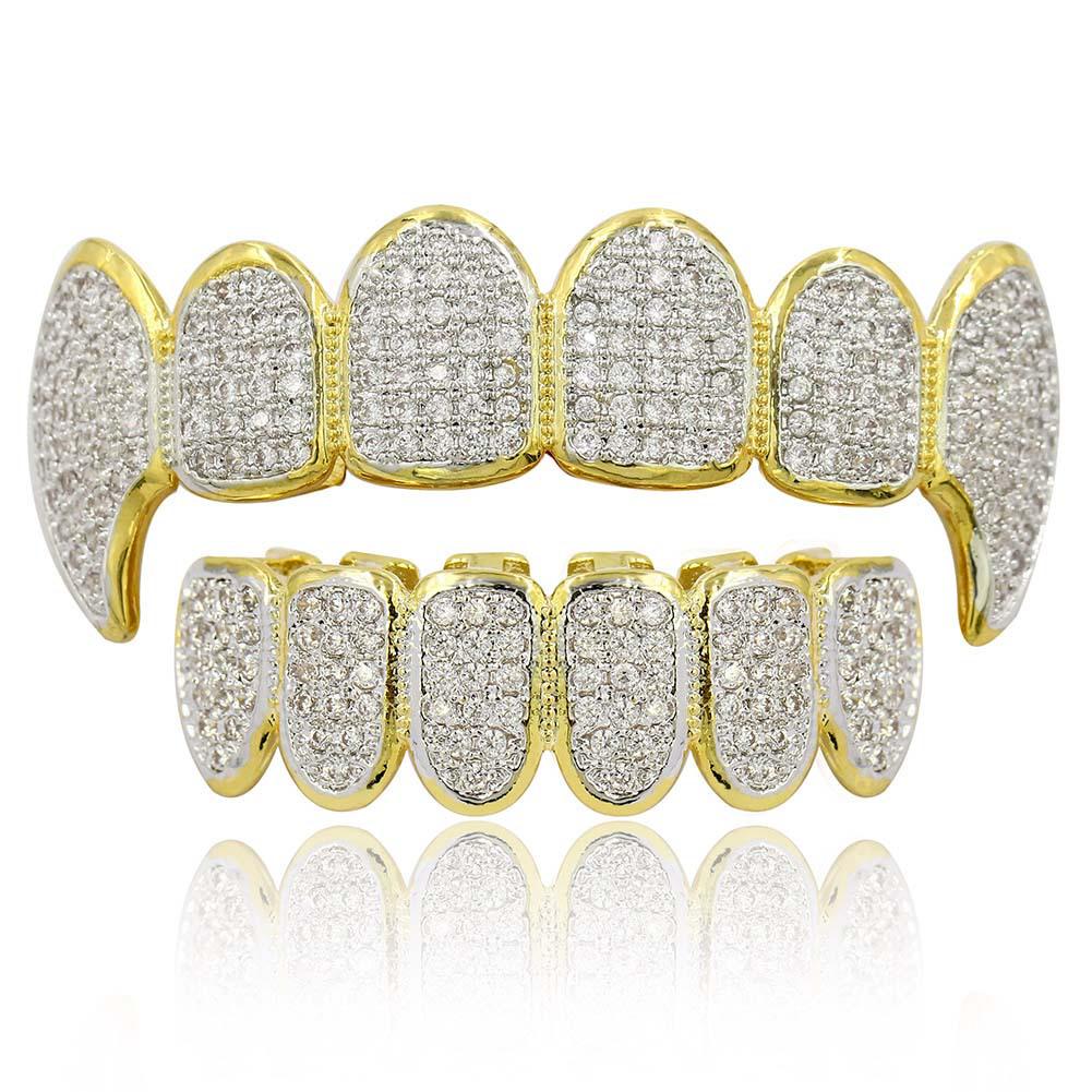 925 Sterling Silver HipHop Dental Grills Teeth Grillz Halloween Tooth Grillz Micro Pave Zircon Top Bottom Mouth Teeth Grills Set