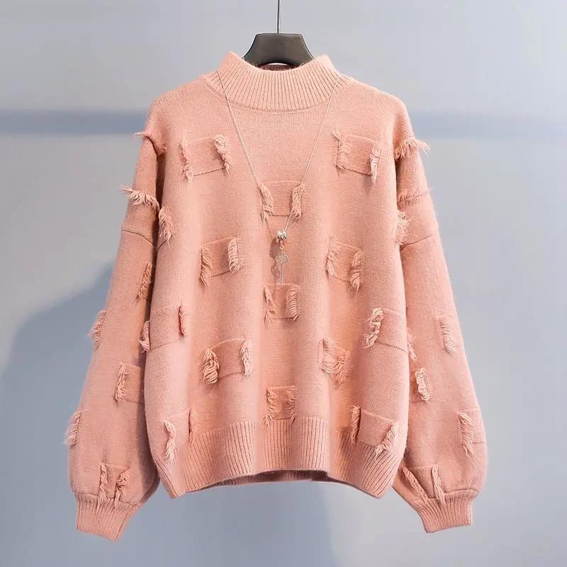 Маленький свежий пуловер, женский осенне-зимний свитер, новый стиль, свободный вязаный свитер в студенческом стиле с половиной высокого воротника