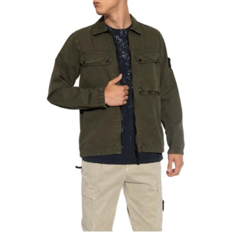 STONE ISLAND FW23 Organic Cotton Washed Vintage Solid Logo Double Pocket Collar Long Sleeve Shirt Jacket Men Jackets Olive-Green 7915102WN-V0158