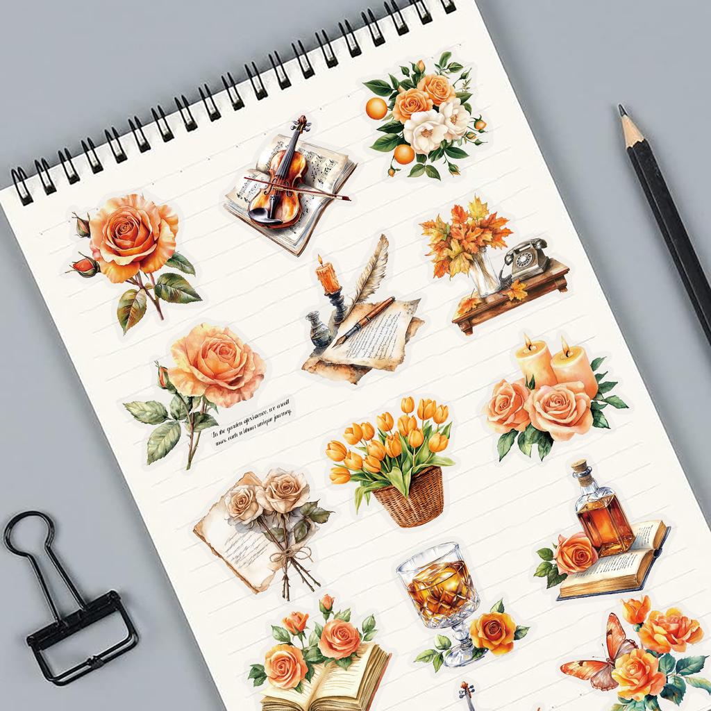 50 Transparent Ins Orange Flower Bud Sticker Pack Waterproof Transparent PET Manual Material Decorative Guitar Notebook