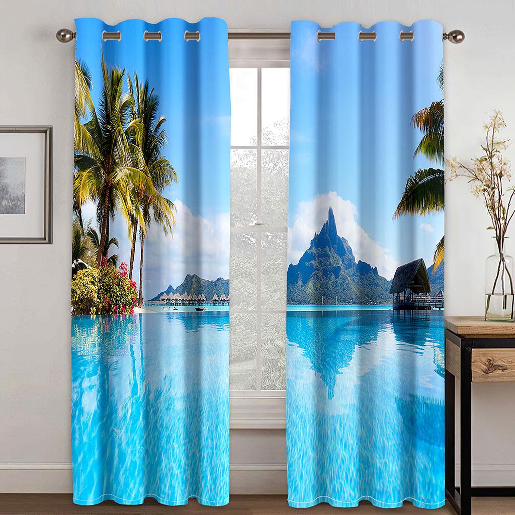 2 шт., пляжный пейзаж, простые карманные шторы с карманами, фильтрующие свет, подходят для гостиной, офиса, дома, украшения спальни
