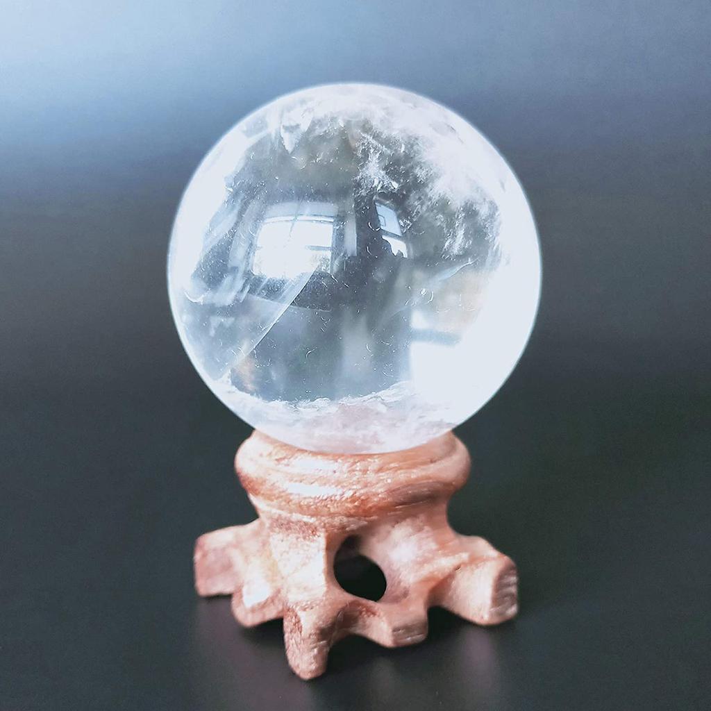 Polar Jade Natural Clear Quartz Power Stone Sphere (40mm Diameter) with Base, Promotes Good Fortune, Divination, Healing, and Protection.