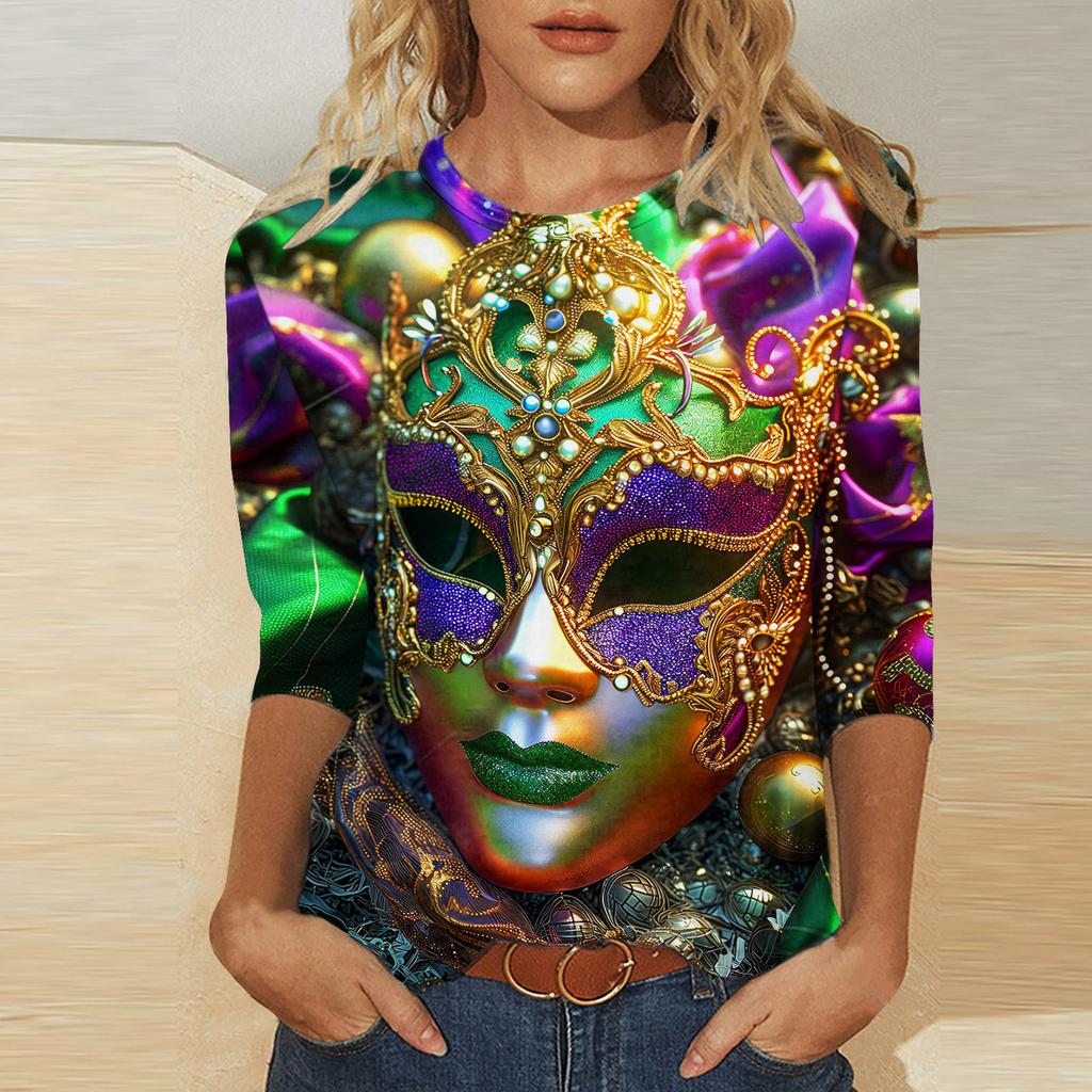 Round Neck 3D Mask Printed Top Fashionable Casual Long Sleeved Women's T-shirts