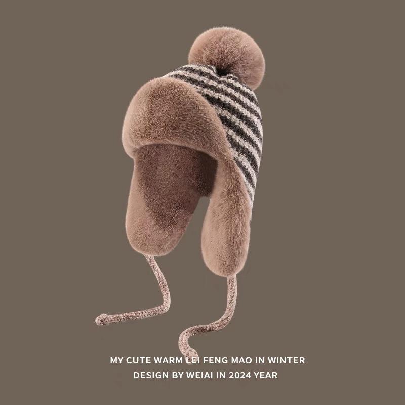 Зимняя плюшевая утолщенная шапка-ушанка из шерстяного шарика, вязаная плюшевая шапка-ушанка для защиты ушей для женщин, полосатая, ретро, для большой головы, для велоспорта