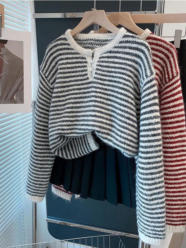 Women's Striped Knitted Cardigan Sweater, Loose Pullover for Spring, Autumn, and Winter 2025.