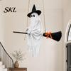 Cute Ghost with Broom Decoration Hanging Halloween Witch Hat and Broom, Spooky Flying Creative Welcome Ornament for Haunted House Porch Tree