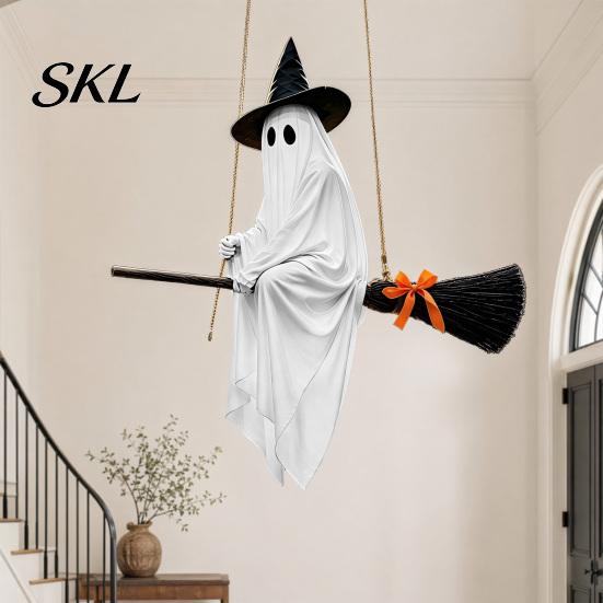 Cute Ghost with Broom Decoration Hanging Halloween Witch Hat and Broom, Spooky Flying Creative Welcome Ornament for Haunted House Porch Tree