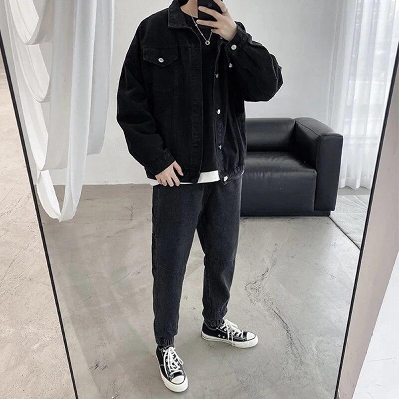 Черная джинсовая короткая куртка, мужская джинсовая куртка, пальто, повседневная ветровка с карманами, комбинезоны-бомберы, уличная мужская одежда, верхняя одежда