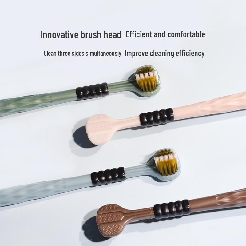 Трехсторонняя зубная щетка для взрослых с мягкой и жесткой щетиной и 3D скребком для языка