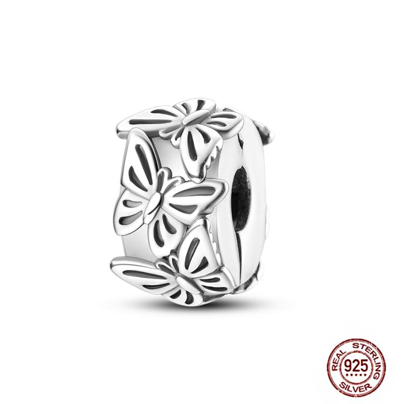 Round 925 Copper Clasp Pave Clip Charms Blue Star Moon Butterfly Slide Safety Chains Spacer Beads Fits Original Bracelet Zircon