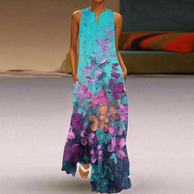 Женская мода лето весна цветочный принт без рукавов V-образный вырез свободные повседневные платья