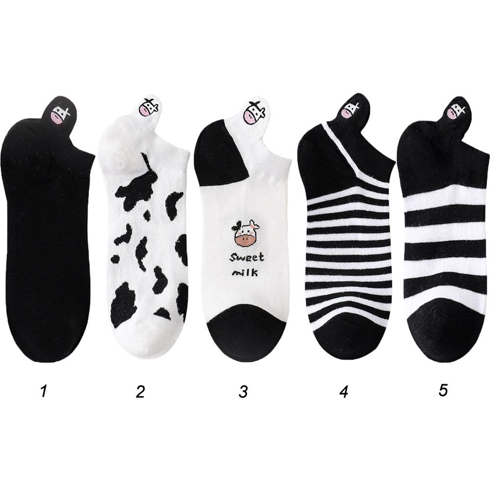 Black White Cute Cartoon Super Thin Women's Socks Boat Socks Striped Cow Socks Ankle Short Socks